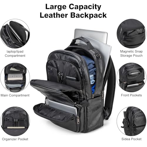 Tzowla Full Grain Genuine Leather Laptop Backpack for Men and Women,Business Work Travel Slim Daypack Fits 15.6 Inch Notebook/Computer-Black - color: W-black