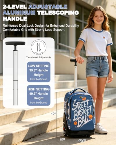 NEW TILAMI 19 Inch Rolling Backpack with Lunch Bag School Stair-Climbing | Stair-Climbing Teen Boys Girls Carry-on Suitcase Large Compartment 15.6 Laptop Sleeve Adjustable Handle Roller Travel Bag - color: Blue Basketball