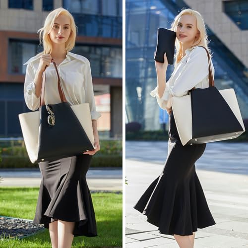 LOVEVOOK Laptop Tote for Women - 15.6 Inch Faux Leather Laptop Bag with Clutch, Large Capacity Office Purse Computer - color: Beige & Black, size: 15.6 inch