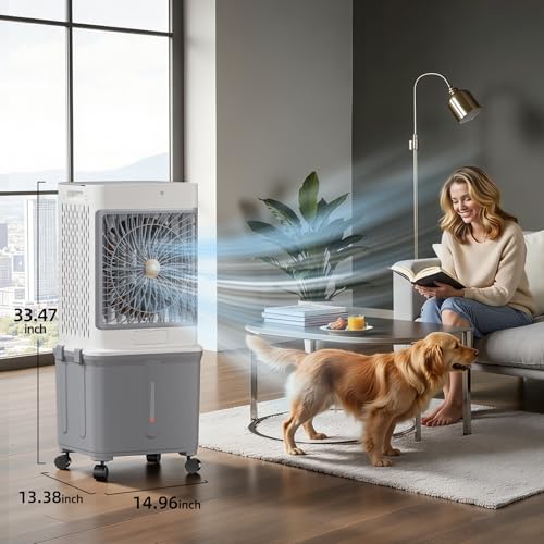 Upgraded Protable Evaporative Cooler 8.8 Gallon Cooler with Detachable Tank | Swamp Cooler with 120° Oscillation, 7-Hour Timer, Remote Control, Detachable Tank, Easy Clean for Bedroom Garage