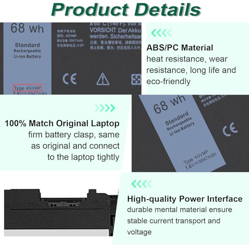 4GVMP Laptop Battery for Dell Latitude 5400 5500 5410 5510 E5400 E5500 Inspiron 7590 7591 7791 2-in-1 Precision 3540 3550 Series P84F P84F001 P42E P42E001 P98G001 P80F001 RF7WM C5GV2 H82T6 7.6V 68Wh - size: 9.33*4.13*0.25inch