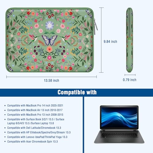 MOSISO Laptop Case 13.3 inch, 13-14 inch Laptop Sleeve Bag with Small Case | Compatible with MacBook Air/Pro 13/Pro 14, HP Dell ASUS Lenovo, Neoprene Hummingbird Plants Flowers Bag, Green - color: Green, size: 13.3 inch