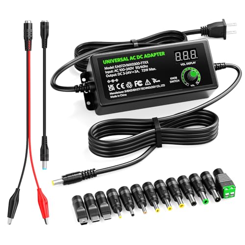 Belker 3V-24V 3A Universal Power Supply 72W Adjustable AC Adapter | Variable 3V 5V 9V 12V 18V 20V 24V Power Adapter with 13 Tips, Polarity Converter and Alligator Clip for LED Strip Speaker DIY - size: 72w 3-24v