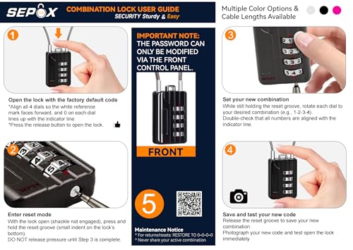 SEPOX® Compact Design Resettable Combination Padlock 4 Digit, 30mm 1-3/16" Width Body, Extra Long 16cm Cable Lock for Suitcase, Travel, Gym Lockers, Helmet, Cabinets, Case, Fence, Pack of 4 Black - color: Black 16cm 4pcs