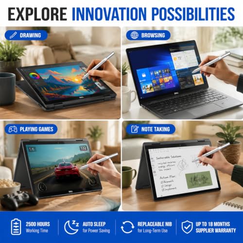 Active Pen for Dell 2-in-1 Touchscreen Laptop, MPP Stylus, Palm Rejection | 1024 Pressure Level, Palm Rejection, Dual Shortcut Buttons, 2500-Hour Battery for Inspiron 5379/7586, Latitude 3190/3390/7230 - color: Silver