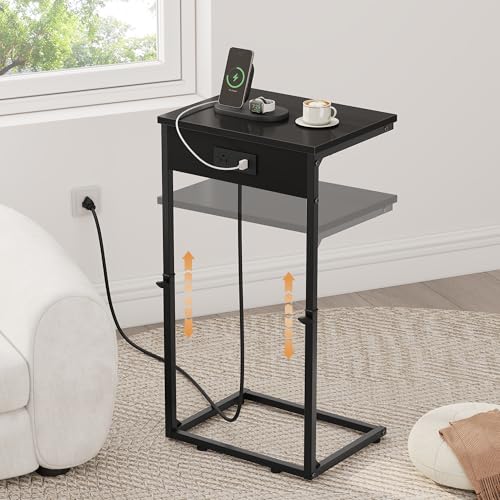C Shaped End Tables Set of 2 with Charging Station, 33.2'' Tall C Table Adjustable Height Side Table, Small Side Table for Small Spaces, Couch Sofa Table TV Tray for Living Room, Black - color: Black (2 Pack), style: With Plug