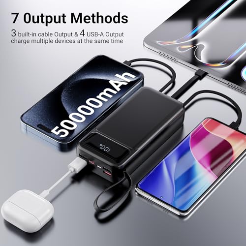 Portable Charger Power Bank 50000mAh- 7 Outputs & 3 Inputs USB-C PD 22.5W Fast Charging Powerbank Battery Pack with Built-in Cables and Ports LED Display for iPhone 16 15 14 13 Samsung Android iPad - size: 50000mAh