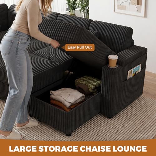 100" Modular Sectional Sleeper Sofa with Pull Out Bed/Side Table/USB Charging/Storage Chaise, U Shaped 7 Seat Corduroy Sofa with Storage Armrests/Cup Holders, Comfy Convertible Cloud Couch, Grey