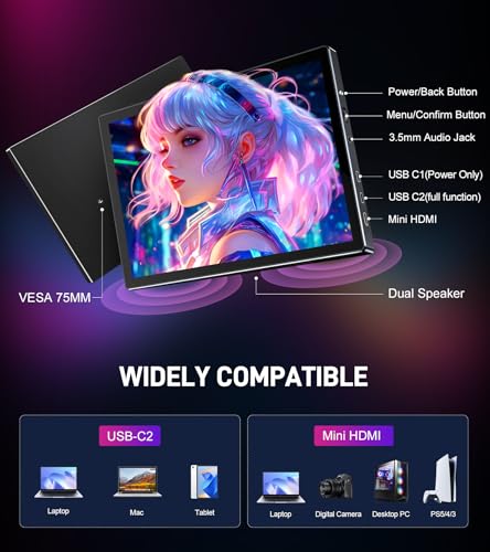 10.1 inch Portable Touchscreen Monitor, Screen Extender 1920x1200 IPS Travel Small Monitor with Cover, USB-C HDMI Computer Touch Screen Display for Laptop Windows PC, PS5/4 Xbox No Touch - size: 10 inch