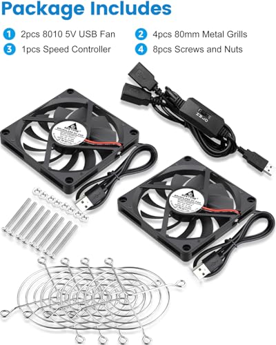 GDSTIME Dual 80mm x 10mm Slim USB Fan with 3 Speeds Control, DC 5V Powered | L/M/H Adjustable, Brushless, Ultra Thin 8010, 80x80x10mm, for Mini Computer PC, Receiver, DVR, Cable Box, DIY Cooling Project - size: 80x10mm
