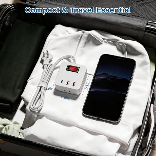 Outdoor Power Strip Cube 4 Ft, IPX4 Waterproof 3 AC Outlet Widely Spaced with 2 USB-A & 1 USB-C PD 20W Charging Station, Low Profile 45 Degree Flat Plug Extension Cord Wall Mountable, ETL-White - size: 4FT