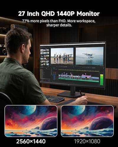 KTC 27 Inch QHD Computer Monitor, 144Hz Gaming PC Monitor, 4000:1, H27T27S | 2K 1440P, 129% sRGB, Adaptive Sync, HDMI DP, Anti-Blue Light, 3-Side Frameless, for Casual Games and Work, VESA Mount - color: Black, size: 27 inch