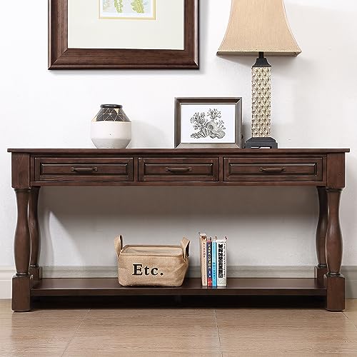 60" Solid Wood Console Table for Entryway,Sofa Table with 3 Drawers | 60" Espresso Entryway Table with Storage Drawers & Shelf,Solid Wood Long Sofa Table for Hallway,Foyer,Entry,Easy Assembled - color: Espresso