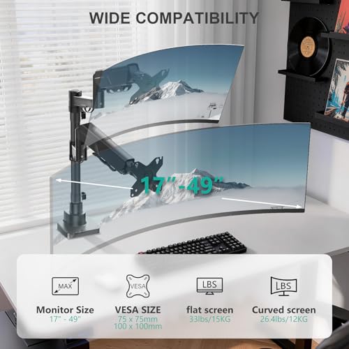 WALI Vertical Dual Monitor Mount for 17-49 inch Curved Screens,up to 33 lbs | Heavy Duty Stacked Ultrawide Monitor Arm, Full Motion with Tilt, Swivel, Rotation, C-Clamp & Grommet Base, VESA 75/100mm - color: Black (Dual), size: 17" to 49"