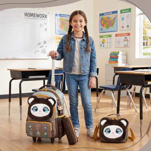 Meetbelify Rolling Backpack for Girls Backpacks with Wheels for Elementary Student Kids School Travel Bag for Girls Ages 6-8 Years Old - color: Brown