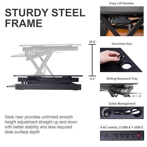 Rocelco 40" Height Adjustable Standing Desk Converter with AC Outlet and USB Charger - Gas Spring Sit Stand Up Dual Monitor Tabletop Riser Workstation - Large Keyboard Tray - Black (R DADRB-40-ACUSB) - color: Black Acusb, size: 40", style: Riser Only