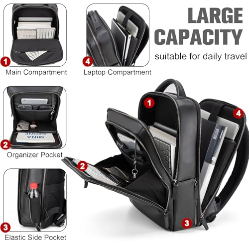 Tzowla Leather Laptop Backpack, Bag for Men and Women,Business Travel Work Rucksack Fits 15.6 Inch Laptop,Bookbag with USB and Type-C Charging Port-Black - color: Black
