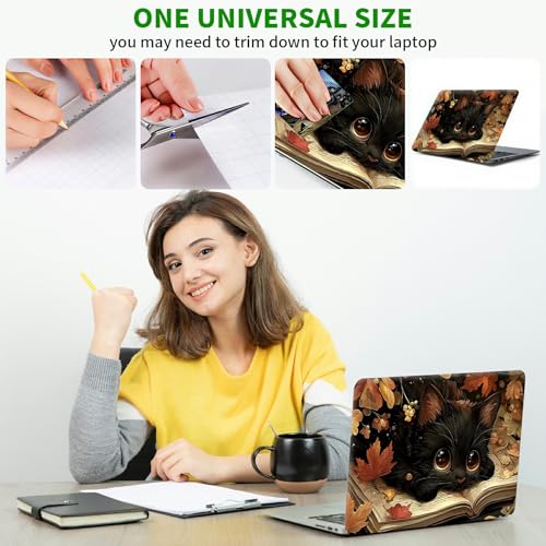 Laptop Skin Sticker Decal, Universal Protective Cover Fit 12 13 14 15.6 Inch Notebook, Reusable Water-Resistant Vinyl Decal w/ 2 Wrist Pads for Business Travel Office, Black Cat Maple Leaf - color: Black Cat Maple Leaf