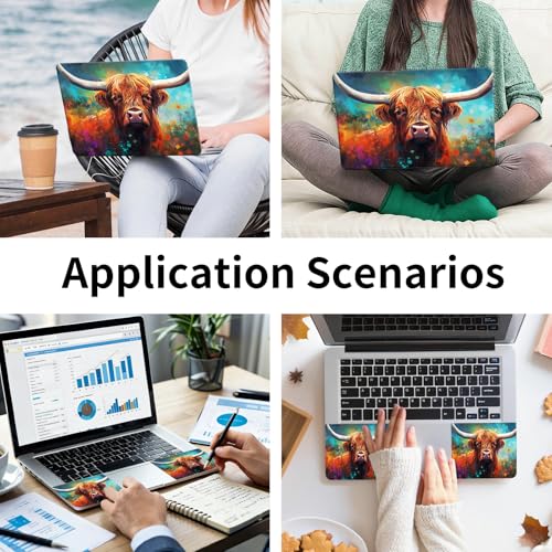 Laptop Skin Sticker 3-Piece Set,Highland Cow and Flowers | Trim-to-fit 3-piece vinyl set with one 15 x 10.6 in lid skin and two palm-rest decals for many 12-15.6 in laptops - color: Highland Cow And Flowers