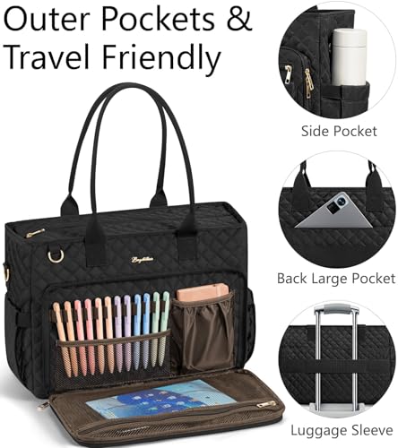 Bagstellar Teacher Tote Bag for Women, 15.6" Laptop Work Tote Computer Bag | Quilted Bible Nurse Bag with 40oz Cup Holder, Insulated Pocket & Strap, Large Laptop Briefcase for School Travel Office Gifts - color: Black