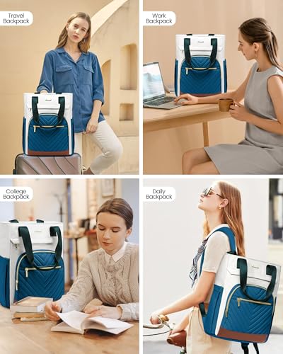 LOVEVOOK Laptop Backpack for Women, 15.6 Inch Work Laptop Bag Teacher Nurse Backpack, Wide Open Travel Tote Backpack Purse Business Computer Daypack - color: Beige&blue-green&brown-m
