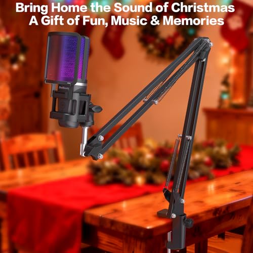 ZealSound Microphone for PC, USB Condenser Gaming Mic with Noise Reduction, Gain Control, Mute, Zero-Latency Monitoring, RGB Lighting, Boom Arm & Tripod Stand for Mac iPhone Android Podcasting TikTok