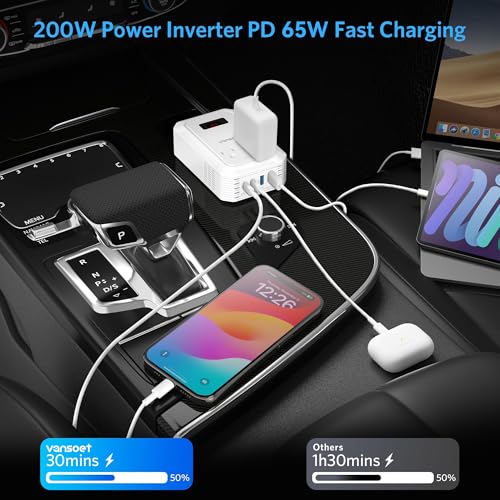 200W Car Power Inverter DC 12V to 110V AC Inverter with PD 65W/30W USB C & 2 QC 18W USB Ports & 2 AC Outlets,Car Pluɡ Adapter Outlet for Laptop/Phone/Road Trip - color: White