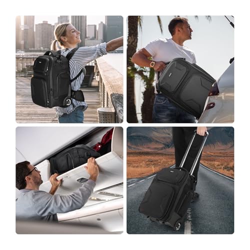 Neewer 2 in 1 Camera Roller Bag with Detachable Shockproof Dividers Retractable Handle Waistband Rain Cover Water Resistant Robust Carry On Backpack for Camera Tripod Flash Lens Laptop, Black, PB027 - style: Pb027