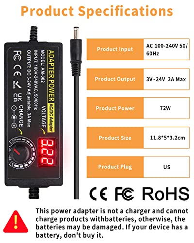 3V ~ 24V 3A 72W Power Supply Adjustable 3V 5V 6V 9V 12V 15V 16V 18V 19V 20V 24V Universal VariableAC/DC Adapter 100V-240V AC to DC Converter with 14 Tips for LED Strip Light Speaker Router - style: 3-24V 3A 72W