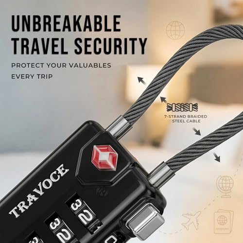 • TRAVOCE TSA Approved Luggage Locks - Heavy Duty 3 Digit Combination Cable Lock, Search Alert for Suitcases, Backpacks, Golf Bags, Tents, Violin and Camera Cases, 6 Pack, Black - color: Black 6 Pack