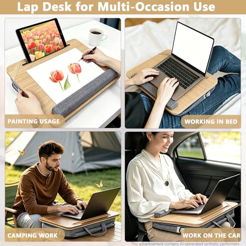 Lap Desk for Bed, Fits 14–17 Inch Laptops | Soft padded suhion,built-in pen slot,compact for bed,couch & travel use - color: Light Wood Color