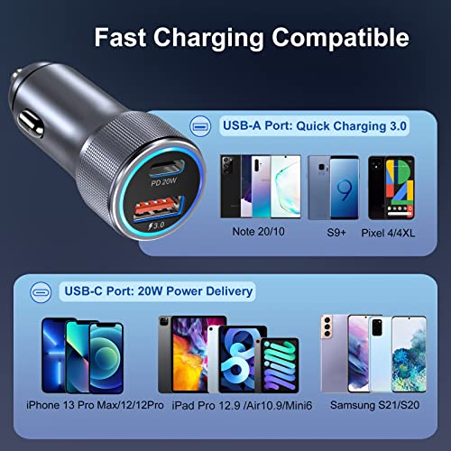 5 Pack USB C Car Charger, Bangfun 36W Dual USB Car Adapter Fast Charge PD&QC 3.0 Cigarette Lighter USB Charger Compatible iPhone 15 14 13 12 11 Pro Max SE,iPad,Samung S24/S21/S20, Pixel(Grey) - color: Grey