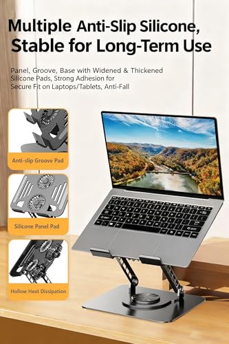 Selbst Laptop Stand for Desk with Quiet Cooling Fans - 360 Rotating Base Ergonomic Computer Stand, Aluminum Laptop Riser Foldable Protable for Office Home fits MacBook Air Pro, Dell, HP (10-17.3'') - color: black
