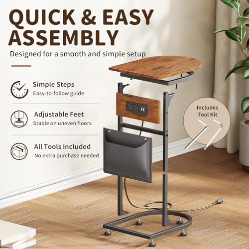 C Shaped End Table with Charging Station, Small Side Table for Couch, C Table Slides Under Sofa with Storage Bag, TV Tray Table for Recliner, Living Room, Bedside, Bedroom, Small Spaces, Rustic Brown - color: Charging Station Rustic Brown