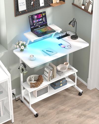 Height Adjustable Standing Desk with Power Outlets and LED Lights - 32" Manual Stand Up Desk with Monitor Stand and Storage Shelves Small Mobile Rolling Computer Desk Portable Laptop Table, White - color: White, size: 32''