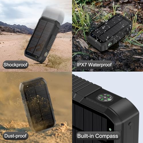 Solar Power Bank 66800mAh Built in Hand Crank and 4 Cables 22.5W Fast Charge, Camping Essentials with SOS/Strobe/Strong Flashlights, Compass Portable Charger (Black) - color: Black