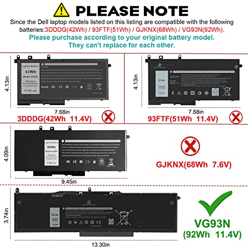 ASUNCELL VG93N 92Wh 6-Cell Laptop Battery Compatible with Dell Precision 15 3520 3530 M3520 M3530 Latitude 5580 5590 5591 E5580 E5590 E5591 Series 0VG93N WFWKK 0WFWKK 11.4V 7666mAh - size: VG93N 12.60 × 6.50 × 0.94 in