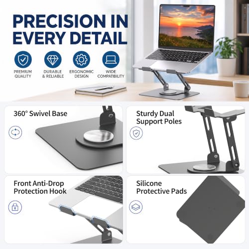 SOUNDANCE 360 Rotating Laptop Stand, Ergonomic Computer Riser for Desk, Adjustable Height Multi-Angle Metal Holder, Foldable Portable Notebook Elevating Base for Office & Home, Silver Grey - color: Silver Grey