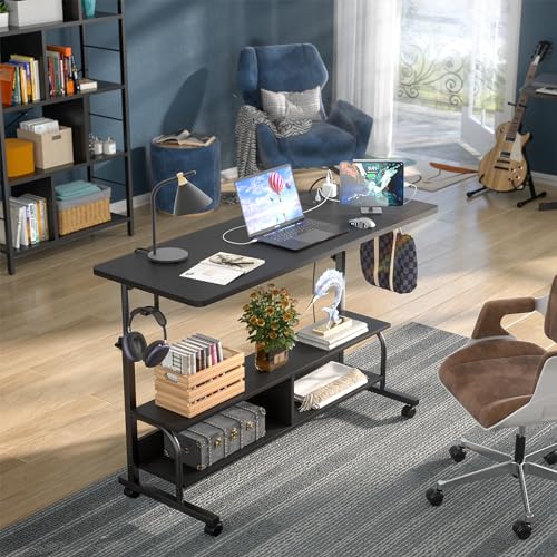 47" Rolling Standing Desk with Charging Station for Couch Bed | Height Adjust 27.5-41", 2 AC/3 USB, Mobile 4 Lockable Wheels, 2-tier Shelves Hook, Safe Corner Fast Assembly - color: Black, size: 47''