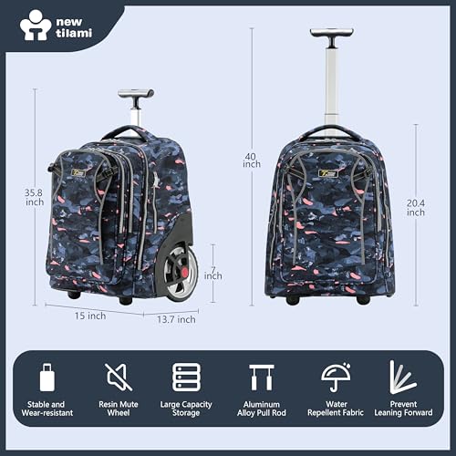 NEW TILAMI 20 Inch Rolling Backpack for School Stair-Climbing Big Wheel | Teen Boys Girls Carry-on Suitcase Large Organizer Compartment 15.6 Laptop Sleeve Adjustable Handle Roller Travel Bag College - color: Grey Stone