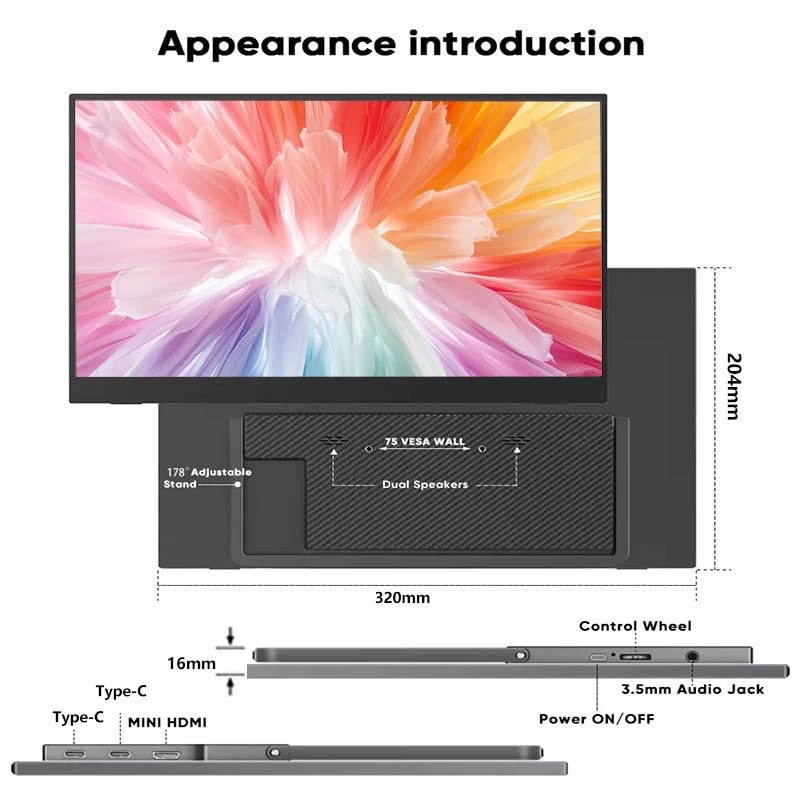 cjc 14" Portable Monitor,FHD 1080P Ultra Slim Gaming External Display Monitor with Built-in Kickstand,75% sRGB,USB-C/HDMI Plug and Play, Second Screen for Laptop, PC, PS5, Mac, Xbox,Switch - size: 14" 60Hz