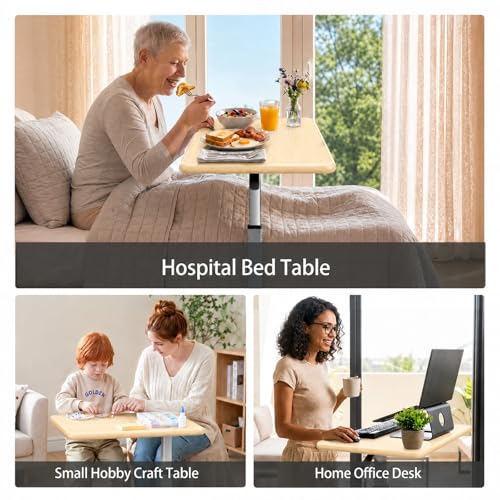 WOTURE Pneumatic Adjustable Overbed Bedside Table with Wheels - Hospital & Home Use, Medical Bed Table, Mobile Standing Desk, Rolling Laptop Cart, Non Tilt Surface(23.6" L x 15.7" W, Maple) - color: Maple