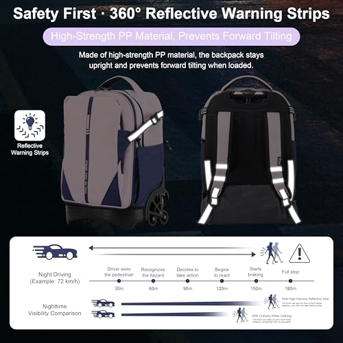 NEW TILAMI 18 Inch Expandable Rolling Backpack Stair-Climbing for School | 6-Wheel Stair-Climbing Girls Boys Carry-on Suitcase 15.6 Laptop Sleeve Water-Resistant Adjustable Handle Wheel Travel Camping - color: Purple