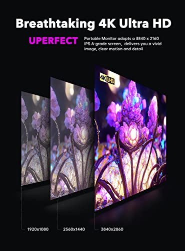 UPERFECT 17.3'' 4K Portable Monitor QLED, 600 Nits 150% sRGB 3840*2160 UHD | Dual Speakers Eye Care Travel Monitor, 2 Fully Functional Type-C Port & MINI HDMI for Laptop PC Phone, VESA & Stand - size: 17.3"