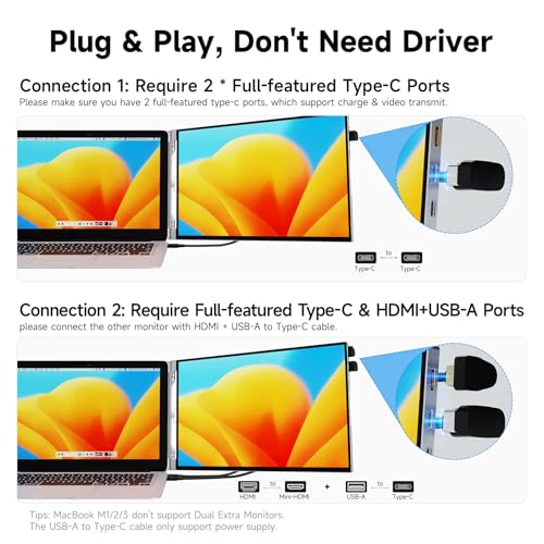 15" Portable Laptop Screen Extender Dual 1080P FHD Triple Monitor | Aluminum Alloy Casing, Tilt Adjustable Stand, Attachment, USB-C, HDMI for 13-16'' Laptops, Leather Case, No Driver - size: 15 inches