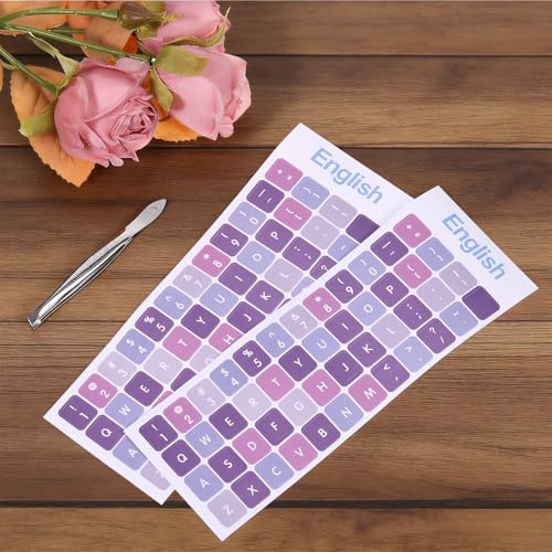 2pcs English Keyboard Stickers Laptop with Tweezer Universal Replacement English Laptop Keyboard Stickers Purple Background with White Lettering Sticker for PC Computer Desktop