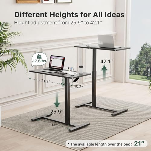 Gibbon Mounts 32” Rolling Mobile Standing Desk, Bedside Table with Wheels | Portable Laptop Desk with Slot, Hidden Wheels, Small Overbed Pneumatic Height Adjustable Cart for Bed, Couch, Hospital, Black - color: Black, size: 32"