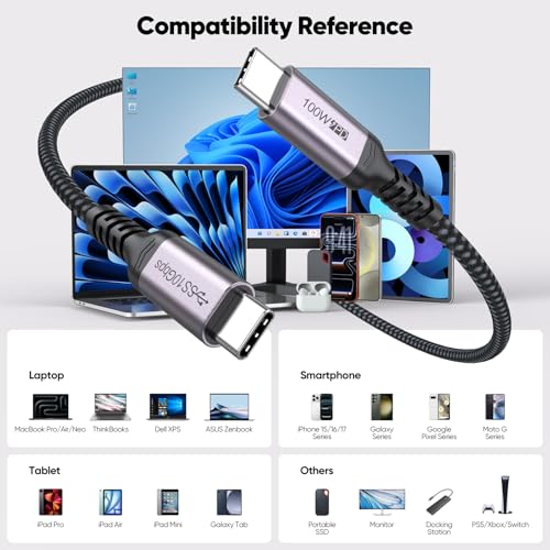 USB C 3.2 Gen 2 Cable 10ft Long, 4K@60Hz Video Monitor Display 10Gbps High Speed Data Transfer 100W Fast Charging Cord for PS5 Xbox Steam Deck iPhone 17 Galaxy S26 Laptop Monitor
