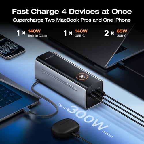 EF ECOFLOW Rapid Pro Power Bank, 4-Port with 300W Max Output, Portable Charger with 140W Built-in Cable, TSA-Approved, Smart APP, 3950x7mAh, for MacBook Pro/Air, iPhone 17/16 Series, Laptops, and More - size: Rapid Pro 27K mAh