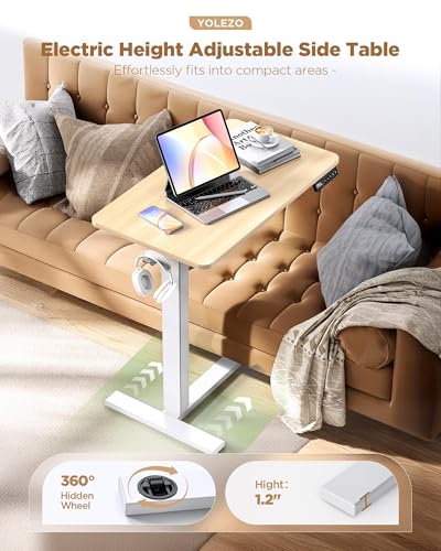 28"x 16" Electric Overbed Table, Rolling Laptop Desk for Bed, Oak | Height Adjustable Bedside Desk with Hidden Wheels, Mobile Standing Desk for Sofa, Home Office & Hospital Use - color: Oak, size: 28x16 Inch